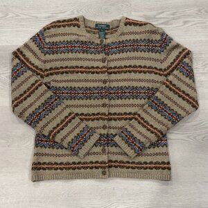 Lauren Ralph Lauren Wool Blend Fair Isle Granny Cottagecore Cardigan Beige Sz L